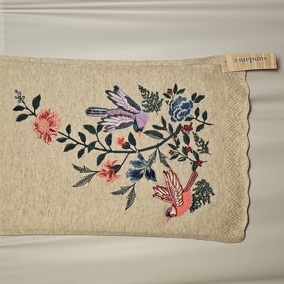 NWT Sundance Heather Gray Wool/Cashmere Birds Floral Embroidered Scarf - Picture 2 of 5